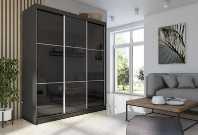 Produktbild von Schwebetürenschrank Viva, Kleiderschrank mit 2 Türen und 2 Schubladen, Moderne Garderobe in Farbe: Schwarz / Schwarz, Schrank in Größe: 180 x 216 x 61 cm