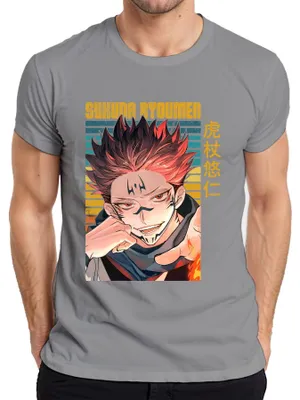 Imagen del producto de Camiseta para hombre, color gris, talla L, con diseño de Sukuna Ryoumen de Jujutsu Kaisen, estilo demoníaco y oscuro, ideal como regalo para fans