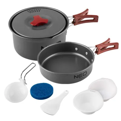 Produktbild von NEO TOOLS 7 in 1 Tourist Topf, Bratpfanne, 2X Teller, Schöpfkelle, Pfannenwender, Schwamm, Material Topf und Pfanne eloxiertes Aluminium, Material Teller, Schöpfkelle und Pfannenwender Kunststoff