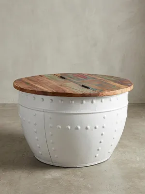 Produktbild von Massivholz Couchtisch "Serchio": Industrieller Stil, klappbare Tischplatte, Metallgestell. Weiß, 60x60x36 cm | Kadima Design