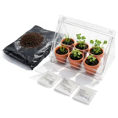 Obrázok produktu pre com-four® 1x Mini skleník s 6 hlinenými kvetináčmi, osivami a substrátom na výsadbu