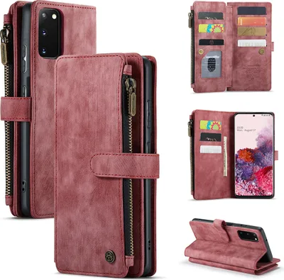 Produktbild von Galaxy S20 Handyhülle, Reißverschluss Hülle Kunstleder Klapphülle Magnetverschluss Kartenfach Standfunktion Geldbörse Schutzhülle für Samsung Galaxy S20 Rot