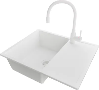 Produktbild von PRIMAGRAN Granitspüle Alles Weiß 62x50cm, Spülbecken 1 Becken + Küchenarmatur 38x14cm + Ablauf-Set, Küchenspüle ab 45er Unterschrank - Ibiza