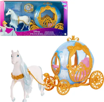 A toy Cinderella carriage with a white horse, shown both in its packaging and as a standalone product.