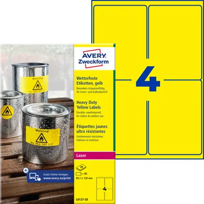 Produktbild von Avery Zweckform L6127-20, Wetterfeste Folien-Etiketten, A4, 99,1 x 139 mm, 80 Etiketten / 20 Bögen, gelb