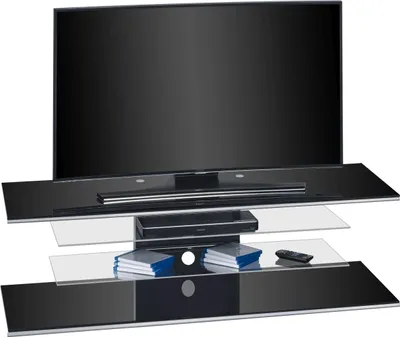 Produktbild von TV-Rack "7725" aus Metall  / ESG-Sicherheitsglas in Schwarzglas mit 2 Einlegeböden. Abmessungen (BxHxT) 140x40x45 cm