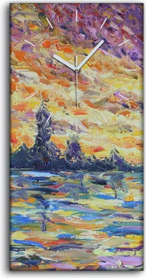 Produktbild von Wandkunst Leinwand Bild Uhr 30x60 Ölgemälde Bäume Himmel Sonnenuntergang Kunst - weiße Hände