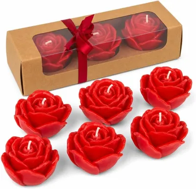 Productafbeelding van Set van 6 rozenkaarsen – rode kaarsen in rozenvorm, geurvrij, ca. 6 x 4 cm, cadeauset met elegante verpakking, decoratie voor romantische gelegenheden
