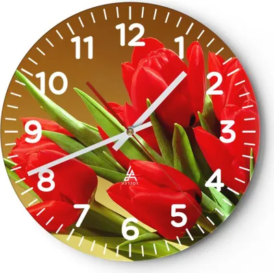 Produktbild von Wanduhr - Rund - Glasuhr - Tulpen Blumen Feld Plantage - 30x30cm - Schleichendes Uhrwerk - Lautlos - zum Aufhängen bereit - Dekoration Modern - Wanddekoration aus Glas - C4AR30x30-0962