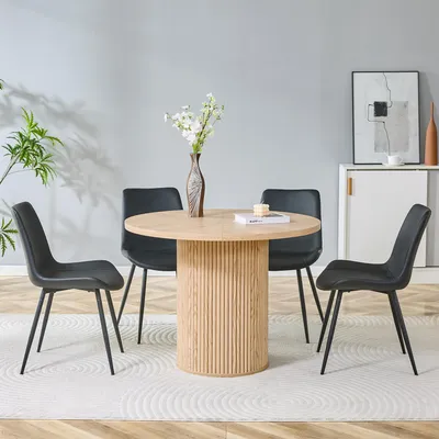 Image de Ensemble de salle à manger : table ronde de 100 cm de diamètre avec 4 chaises en similicuir noir, style moderne. Ensemble de table de cuisine aspect bois, peu encombrant, stable et de grande qualité