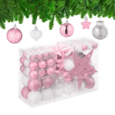 Produktbild von Relaxdays Weihnachtskugeln 101er Set, Kunststoff, Weihnachtsbaumdeko mit Kugeln & Spitze, Christbaumschmuck, rosa/weiß