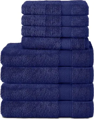 Zdjęcie produktu dla Zestaw 8 ręczników Unyqoos® wykonanych w 100% z bawełny – 4 ręczniki o wymiarach 70x140 cm i 4 ręczniki o wymiarach 50x100 cm, gramatura 470 g/m², kolor granatowy, dobrze chłonne, certyfikat Öko-Tex Standard 100