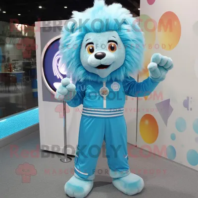 Produktbild von Cyanfarbener REDBROKOLY Löwe Maskottchen Kostüm charakter bekleidet mit einem Overall und Haarnadeln