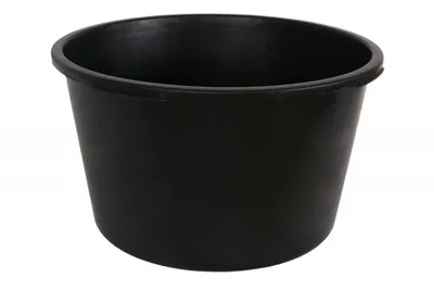 A black plastic bucket on a white background.