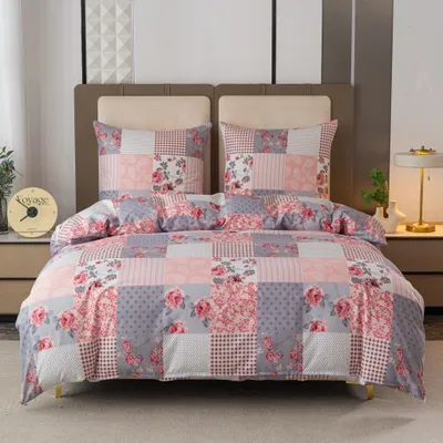 Zdjęcie produktu dla Komplet Pościeli Dwuosobowej Krata Kwiaty 140x200 z 2 Poszewkami 70x80