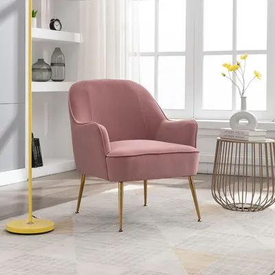 Productafbeelding van AIORBER armleunstoelen, met gouden poten, fluweelstof, verstelbare poten, compact, lichtgewicht, duurzaam, geschikt voor slaapkamer en woonkamer, afmetingen 66x66x80cm, roze