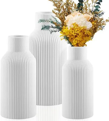 Obrázek produktu pro Sada Azomor se třemi bílými keramickými vázami pro výzdobu domova a kanceláře