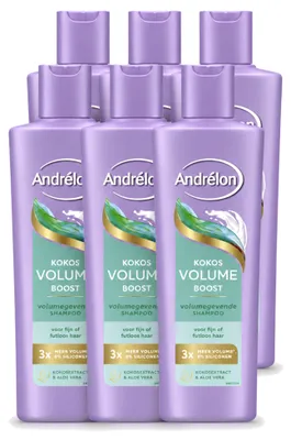 Produktbild von 6 x Andrélon Shampoo Volume Boost mit Kokosextrakt und Aloe Vera 250 ml - Vorteilspackung - 6 Stücke