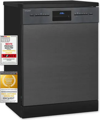 A front view of a black dishwasher with several award badges on the left side.