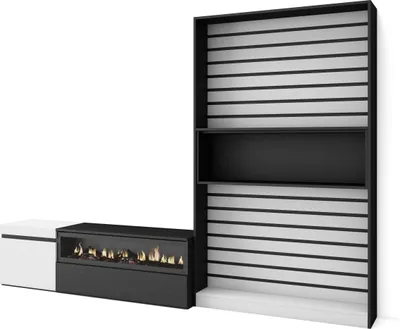 Produktbild von Wohnwand Wohnzimmer, 260x35x186cm, Für TV-Geräte bis zu 65", Elektrokamin, Weiß und Schwarz