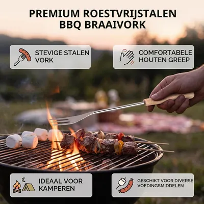 Image de Fourchette à barbecue, 26,5 cm de long, manche en bois, en acier inoxydable