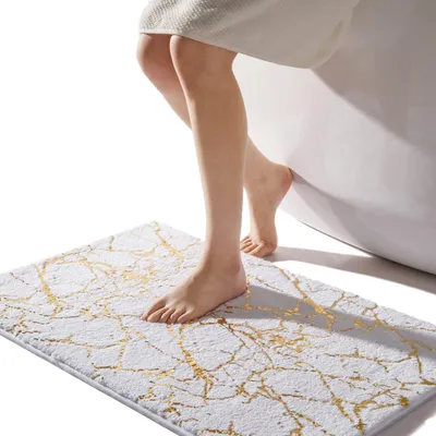 Obrázek produktu pro Protiskuzová koupelnová rohož, omyvatelná, mikrovlákno, vysoce savá, 50x80 cm, bílá/zlatá