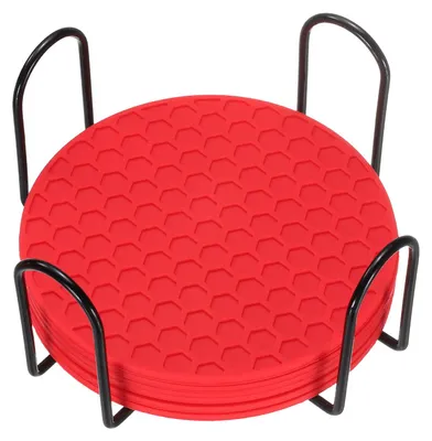 6 Silikon-Untersetzer rund 10 cm mit Halter, rot