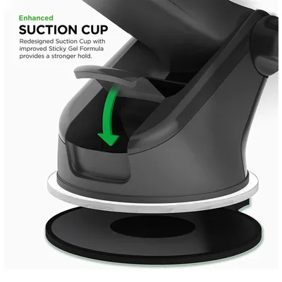 Close-up of a suction cup mount with text highlighting its features.