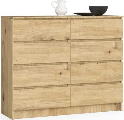 A wooden dresser with eight drawers is shown against a white background.