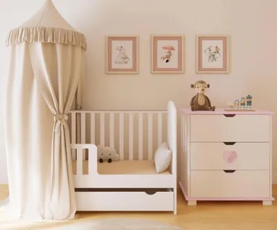 Obrázek produktu pro ZEE HEART Set Dětský Nábytek Bílý Postýlka 120x60 cm se Zásuvkou Přebalovací Komoda s Pultem Růžové Srdce Skandinávský Styl