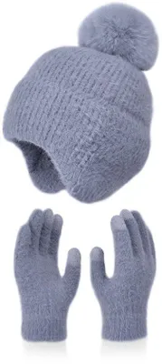 Produktbild von Winterwarme Damen-Wollset mit Plüsch-Oorkappen und Handschuhen