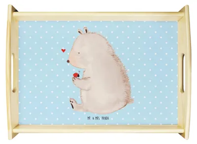 Produktbild von Mr. & Mrs. Panda betttablett Bär Marienkäfer - Blau Pastell - Geschenk, Servier Tablett, Serviertablett, Teddy, Liebe, Motivation, Freiheit, Holztablett, sofatablett