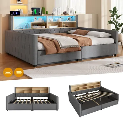 Image de Lit de jour 140 x 200 cm avec espace de rangement hydraulique, éclairage LED, ports USB-A et USB-C, étagère ouverte à la tête de lit, sommier à lattes, housse en lin, couleur gris
