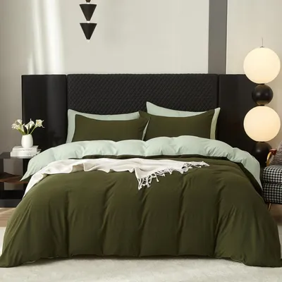 Produktbild von Bettwäsche Set 135x200cm Baumwolle Olivgrün Grau 2-teilig mit Reißverschluss