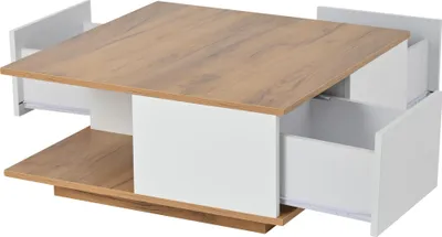 Obrázek produktu pro okwish 70 x 70 x 31,5 cm Konferenční stůl s úložným prostorem, odkládací stůl se 3 zásuvkami pro malé místnosti, vysoce lesklý obývací Konferenční stůl s geometrickým designem, Bílá + Přírodní