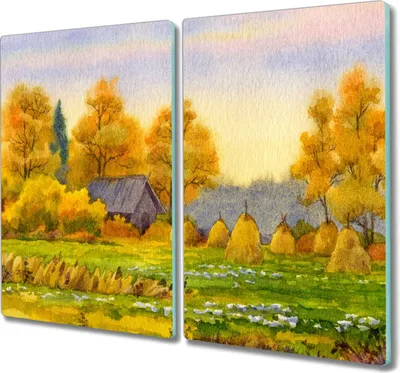 Produktbild von Coloray Küchenbrett Kochplattenabdeckung Hackbrett Schneidebrett Herdabdeckplatte 2x30x52 cm - Gemälde Herbst Dorf