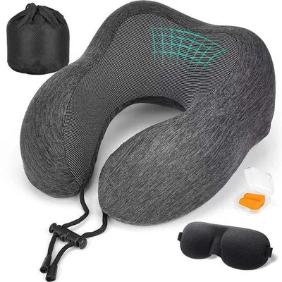 Zdjęcie produktu dla Ibenzoa® Poduszka pod głowę z pianką memory – ergonomiczna, zapewnia 360° wsparcia dla głowy i szyi, chłodna powłoka, w zestawie maska na oczy, zatyczki do uszu i kosmetyczka podróżna