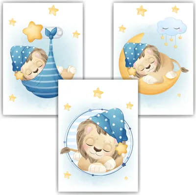 Produktbild von 3er Set Poster für Kinderzimmer Bilder Babyzimmer Babyparty Kinderposter Löwe – DIN A3 (29.7x42cm)