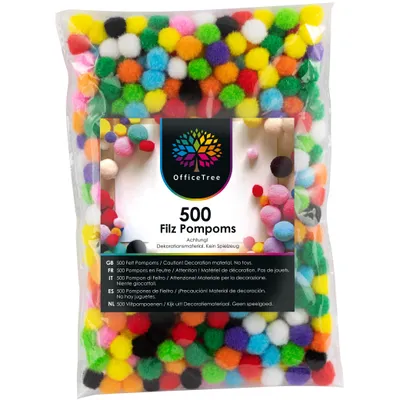 Produktbild von OfficeTree Bastelmaterial Zubehör 500 Bunte Pompons 10mm Filzkugeln Kreativspaß