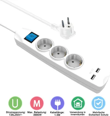 Zdjęcie produktu dla Listwa zasilająca ORSEM 3-gniazdkowa / kabel 1,5 m Listwa zasilająca IP20 z 2 gniazdami USB 2,1 A/3680 W z wyłącznikiem i zabezpieczeniem przed dziećmi Gniazdo USB białe