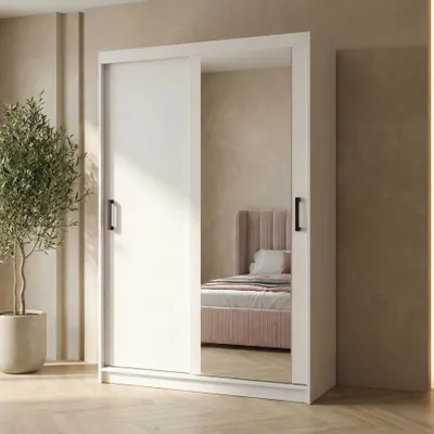 Produktbild von BEAUTYSOFA | Schwebetürenschrank HELA 100 cm Weiß – 2-türig Moderner Kleiderschrank mit Spiegel und Schiebetüren