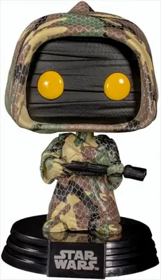 A Funko Pop! vinyl figure of a Star Wars Jawa character in a camouflage outfit, holding a rifle, standing on a black base with the Star Wars logo.