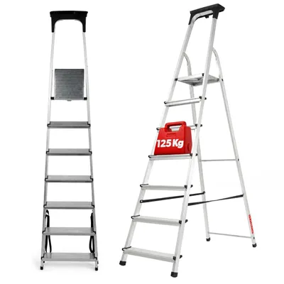 Immagine prodotto di Scala in alluminio KADAX "Vulvik", scaletta pieghevole, scaletta fino a 125 kg, scala pieghevole con ripiano, 7 gradini
