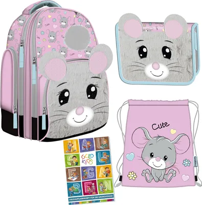 Produktbild von Schulranzen für Jungen und Mädchen, 4er-Set - Schul-Rucksack für Kinder mit Federmäppchen - Schuhbeutel und Hausaufgabenheft - Maus Motiv