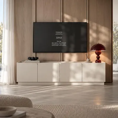 Immagine prodotto di Mobile TV con quattro ante e otto ripiani, in legno impiallacciato, dimensioni 180 x 40 x 59,7 cm, Immagine generata dall'IA