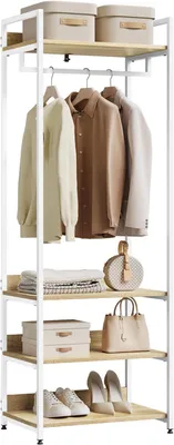 Produktbild von Kleiderständer mit Regal Kleiderschrank Offener mit Schuhregal Garderobenständer für Schlafzimmer, Holz und Stahl