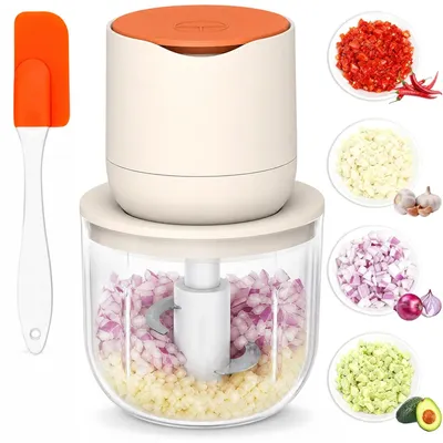 Produktbild von Elektrische Küchenmaschine - Mini-Zerkleinerer und Fleischwolf - 600 ml Fassungsvermögen - 2 Geschwindigkeiten - USB-aufladbar - Edelstahlklingen - Tragbar