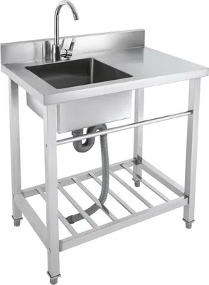 Obrázek produktu pro Kuchyňský dřez – volně stojící dřez s jedním umyvadlem z nerezové oceli – 80 × 55 × 84 cm – s vodovodní baterií – pro venkovní kuchyni – vnitřní rozměry 40 × 35 × 20 cm – stříbrný