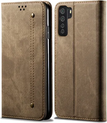 Produktbild von Huawei Nova 7 SE Hülle, LaimTop Denim Leder Brieftasche Magnetverschluss Flip Bookstyle Schutzhülle mit Standfunktion für Huawei Nova 7 SE Huawei Nova 7 SE Khaki