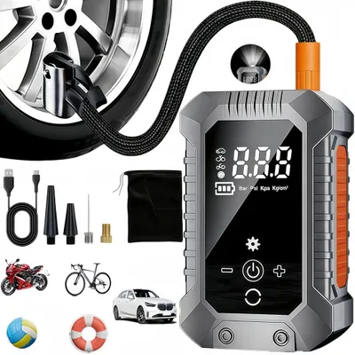 Produktbild von Elektrische Luftpumpe mit 3900mAh Akku, 150PSI, Tragbar Fahrradpumpe, LED Licht, USB-Aufladung, Mini Kompressor für Alle Ventile, Auto, Fahrrad